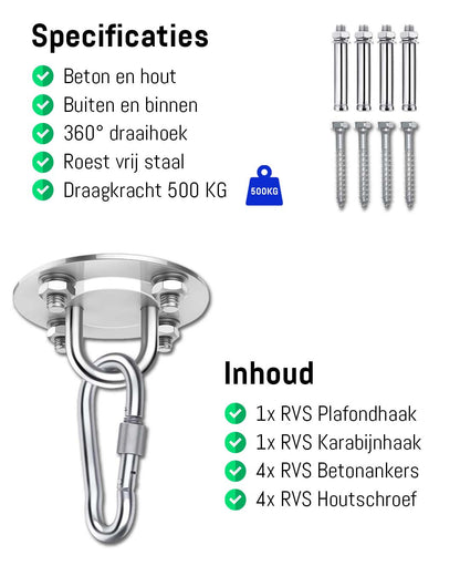 Plafondhaak – Ophangsysteem – Ophanghaak – Voor Beton en Hout -Hangstoel – Hangmat – Bokszak – RVS – Binnen en buiten – 500KG